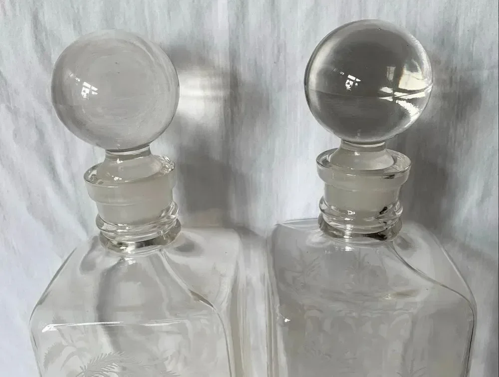 2 Vintage Etched Glass Decanters Thistle Rye Bourbon Bar BOTTLES STOPPERS SET